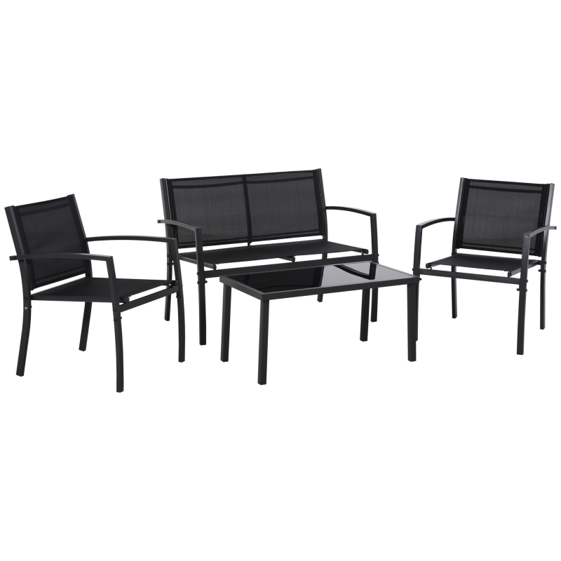 Outsunny Garten-Loungeset, 4-teilig mit 1 Tisch, 2 Gartenstühlen und 1 Bank aus Metall, Schwarz Aosom – Bild 1 von 2