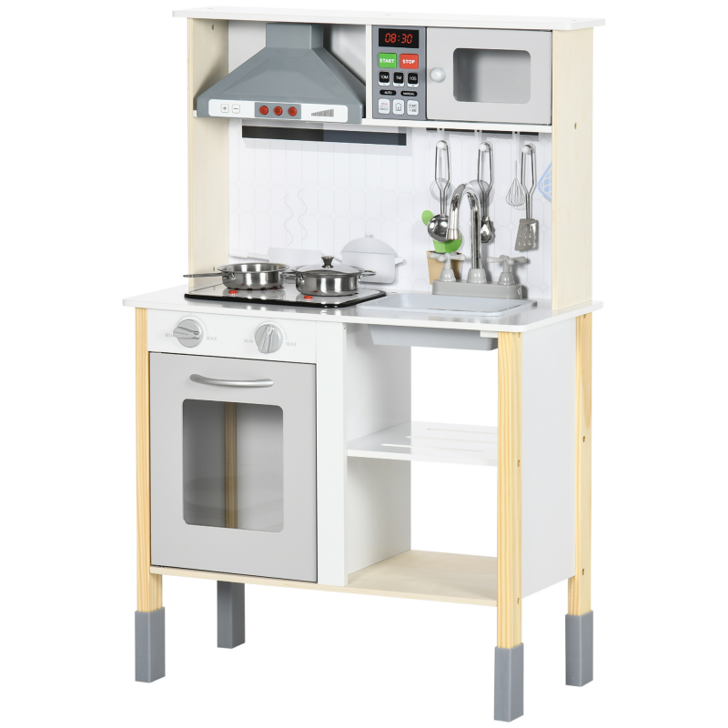 HOMCOM Spielküche für Kinder mit höhenverstellbarer Funktion, Soundeffekten, Lichtern und Zubehör, aus MDF und PP, 60x30,5x93,2 cm, Grau und Weiß Aosom – Bild 1 von 2