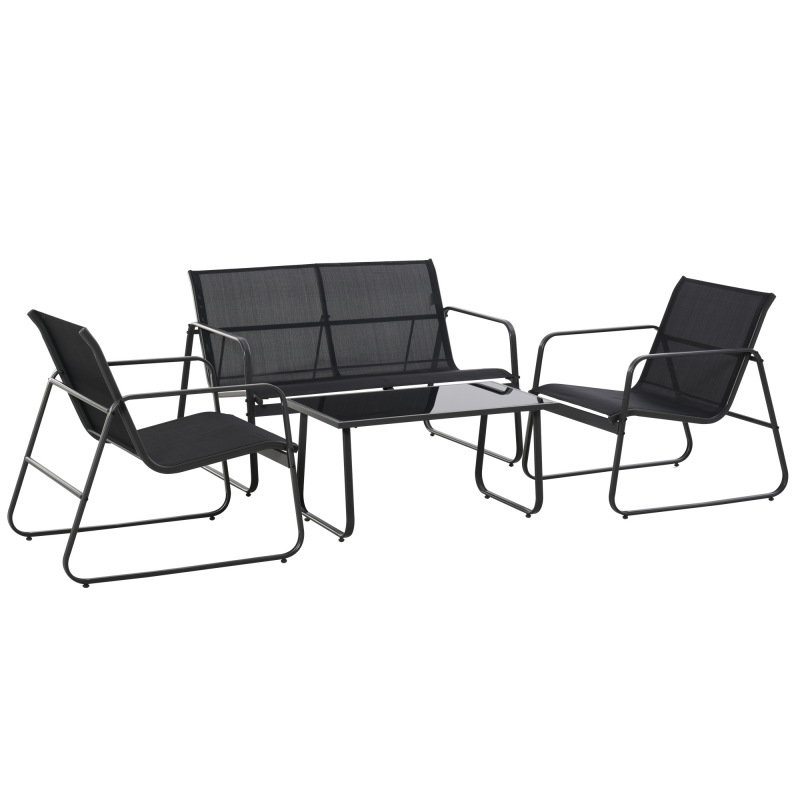 Outsunny Set Tisch mit Bank und 2 Stühlen für den Garten, Gartenmöbel-Set aus Metall und Texteline, Schwarz Aosom – Bild 1 von 2