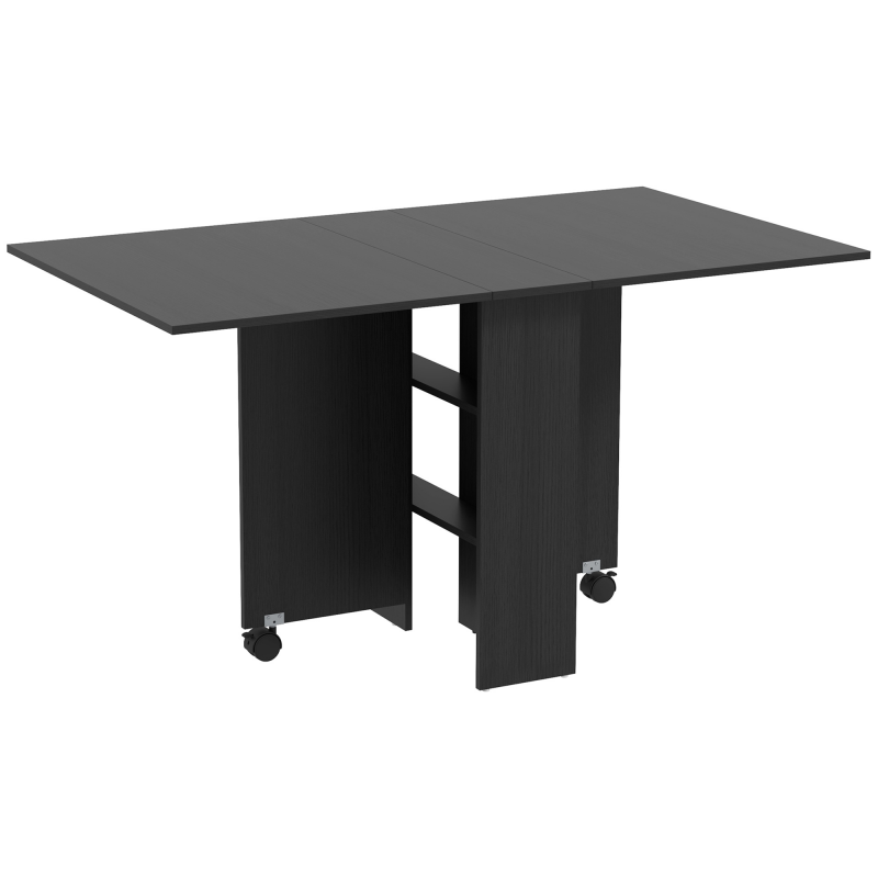 HOMCOM Klappbarer Tisch mit Rollen, Design Esstisch, Platzsparend zusammenklappbar, Modernes Design, mit Rollen, Regale, 140 × 80 × 74cm, Schwarz Aosom – Bild 1 von 2