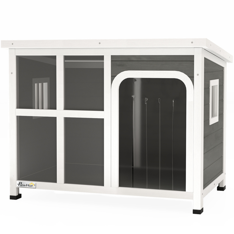 PawHut Hundehütte für kleine und mittelgroße Hunde mit Seitenfenstern und Eingangsvorhang, Hundehütte für den Außenbereich mit herausnehmbarer Basis und abnehmbarem Dach, 90x62x71 cm, Hellgrau Aosom – Bild 1 von 2