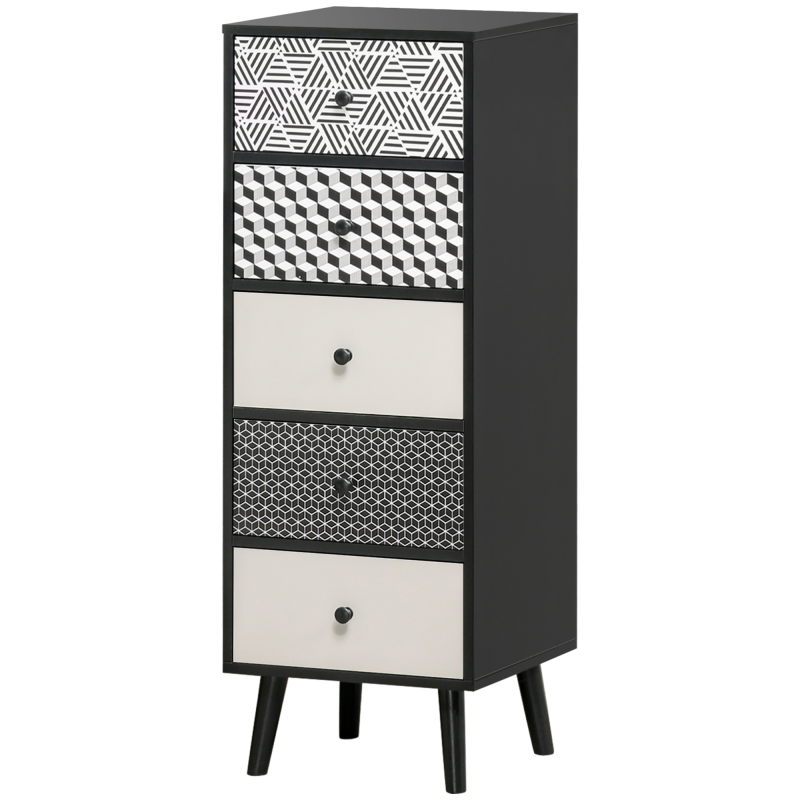 HOMCOM Mobile Schubladenkommode 5 Schubladen mit geometrischem Muster, modernes Möbel für Schlafzimmer und Eingangsbereich, 40x40x111,5 cm Schwarz Grau Aosom – Bild 1 von 2