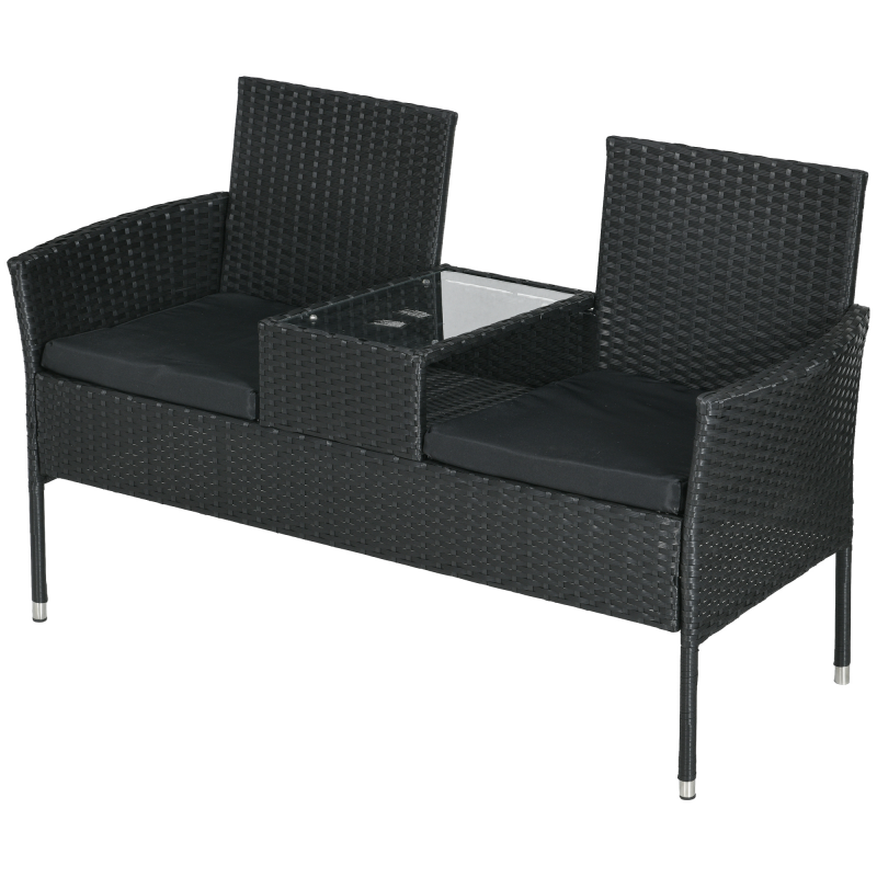 Outsunny Gartenbank 2-Sitzer mit Mittelkaffeetisch, Rattan PE Sofa, Stahl und Polyester, 137x59x82 cm, Schwarz Aosom – Bild 1 von 2