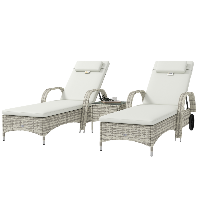 Outsunny Set mit 2 Sonnenliegen: Matratze, Kopfstütze, mehrfach verstellbare Rückenlehne, Armlehnen, Rollen + Couchtisch mit gehärteter Glasplatte in Crème Aosom – Bild 1 von 2