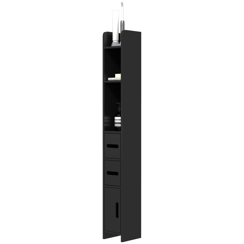 kleankin Badezimmerschrank mit Regalen und Schränken, Hochwertiger platzsparender Holz-Badezimmerschrank, 15x17x120cm, Schwarz Aosom – Bild 1 von 2