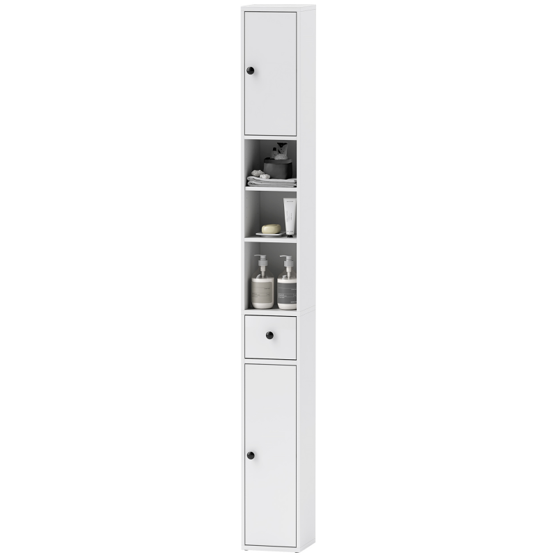 HOMCOM Badezimmerschrank Platzsparend mit 2 Schränken, 3 Offenen Regalen und Schublade, Badezimmerschrank mit 8 Verstellbaren Regalebenen aus Holz, 20x20x178 cm, Weiß Aosom – Bild 1 von 2
