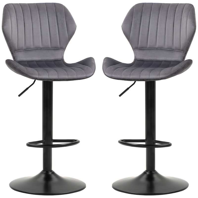 HOMCOM Set 2 Barhocker mit Höhenverstellbarer, ergonomischer Sitzfläche und Fußstütze, Hohe Hocker aus Samtstoff und Metall, 47x51,5x92-114 cm, Grau Aosom – Bild 1 von 2