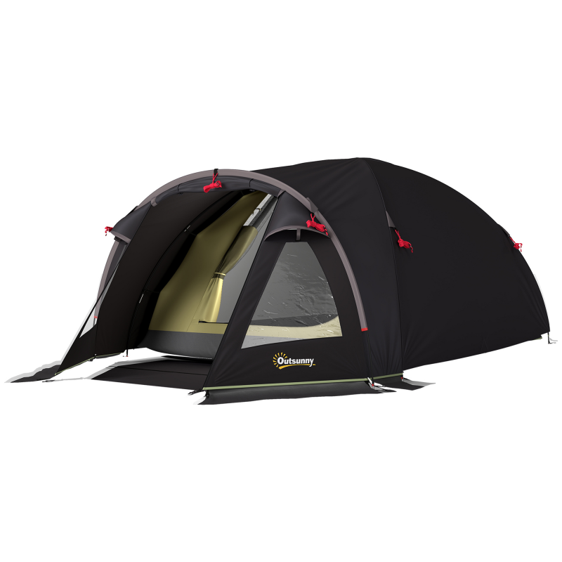 Outsunny Tunnelzelt für 2-4 Personen mit 2 Räumen, Familien-Campingzelt für 4 Personen, Wasserdicht 3000mm mit Moskitonetz, Seitlichen Fenstern und Transporttasche, 330x190x120 cm, Schwarz Aosom – Bild 1 von 2