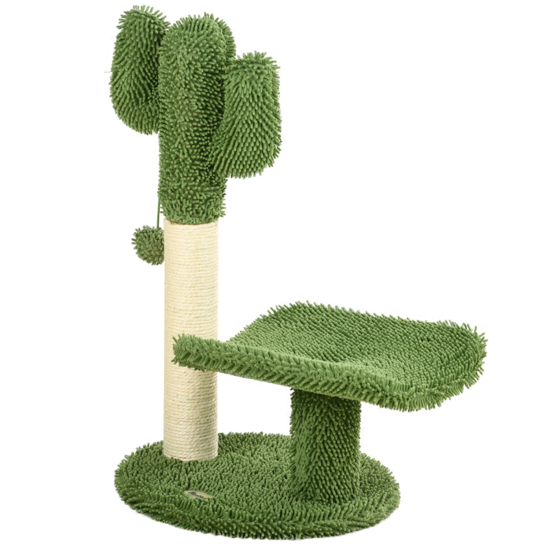 PawHut Katzenbaum in Kaktusform mit Kratzfläche, Spielball und Plattform, Kratzbaum aus Spanplatte und Plüsch, 35x31x55,5 cm, Grün und Cremefarben Aosom – Bild 1 von 2