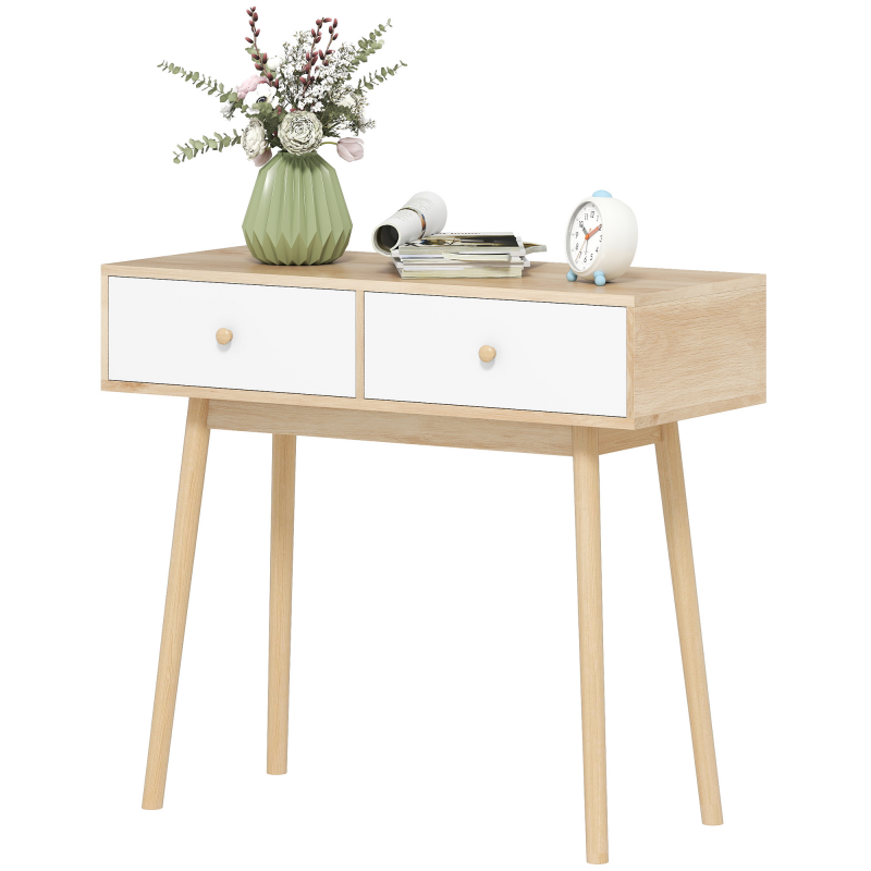 HOMCOM Konsolentisch, Konsolentisch, moderne Eingangskonsole, schmaler Eingangstisch mit 2 Schubladen und Holzfüßen, Sofatisch, für Wohnzimmer, Eingang, Flur, 86 x 35 x 75 cm, Eiche und Weiß Aosom – Bild 1 von 2