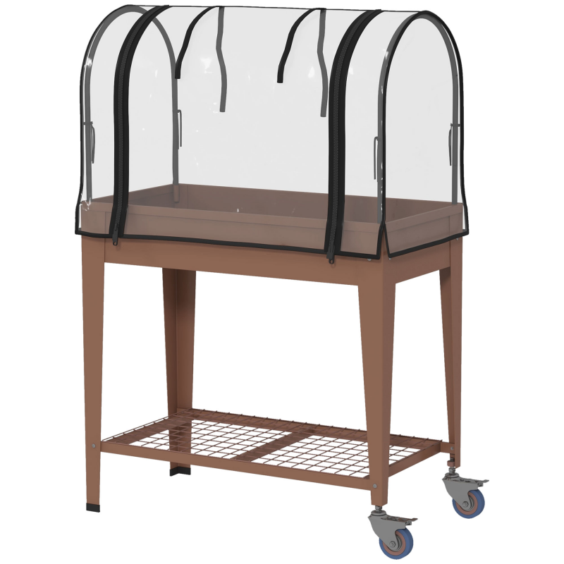 Outsunny Erhöhtes Blumenbeet mit Mini-Gewächshaus für Pflanzen und Räder, Urbanes Blumenbeet mit Abdeckung und Regal, 80x40x120cm, Braun Aosom – Bild 1 von 2