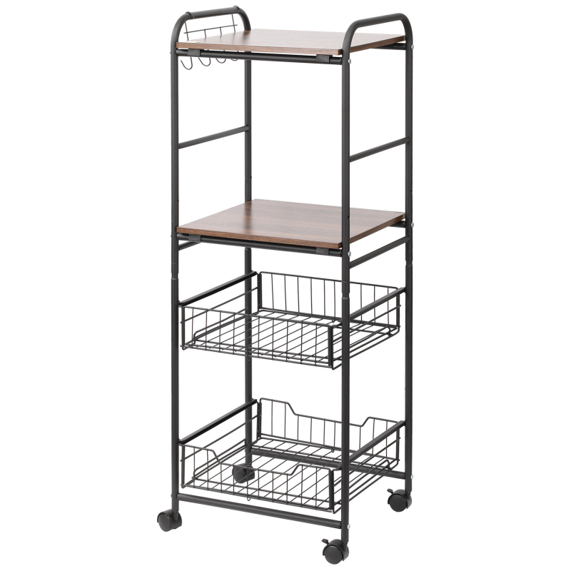 HOMCOM Küchenwagen mit 2 herausziehbaren Metallkörben, 2 Regalen aus Spanplatte und seitlichen Haken, 40x38x111cm Aosom – Bild 1 von 2