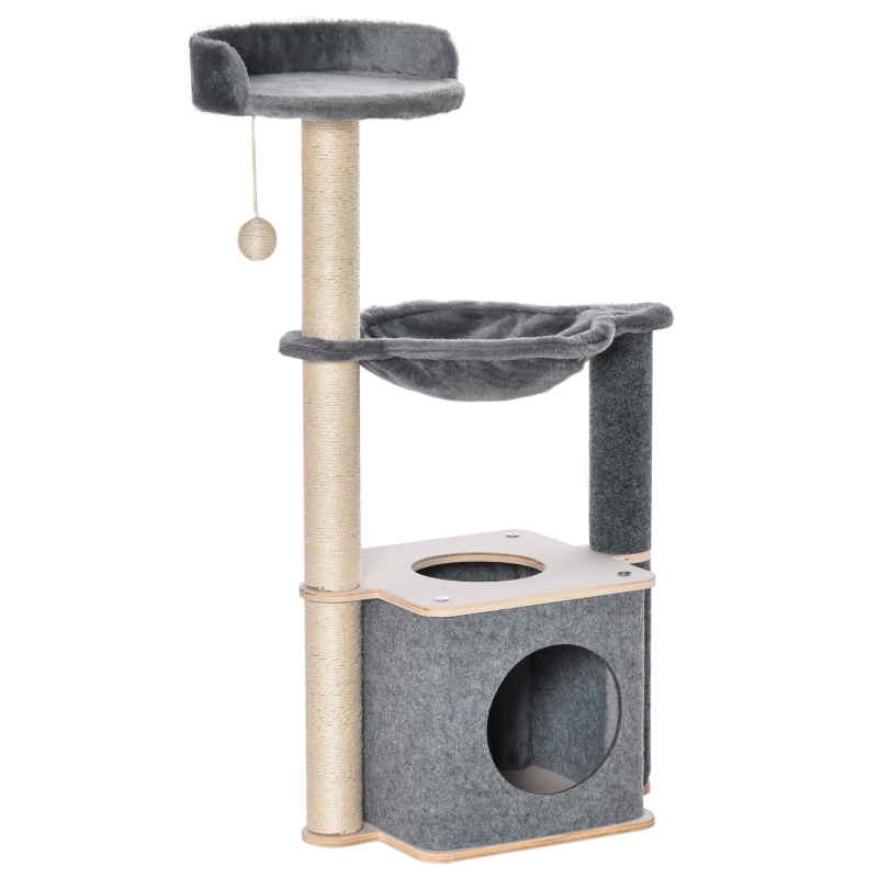 PawHut Kratzbaum für Katzen Hoch 95cm, Katzenbaum mit Mehreren Ebenen, Höhle, Hängematte, Spielball, Haus und Sisalseilen, 48x34x95cm, Grau Aosom – Bild 1 von 2