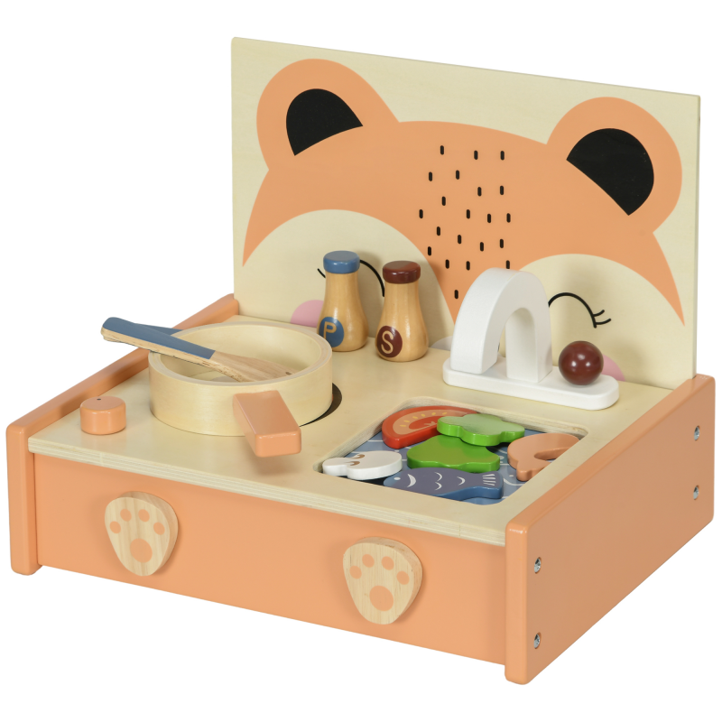 AIYAPLAY Mini-Küche aus Holz Kinderküche Fuchsmuster Rollenspiel für Kinder mit 12 Zubehörteilen Pfanne Pfannenwender Gewürzflaschen Obst Gemüse - für 3-5 Jahre Aosom – Bild 1 von 2