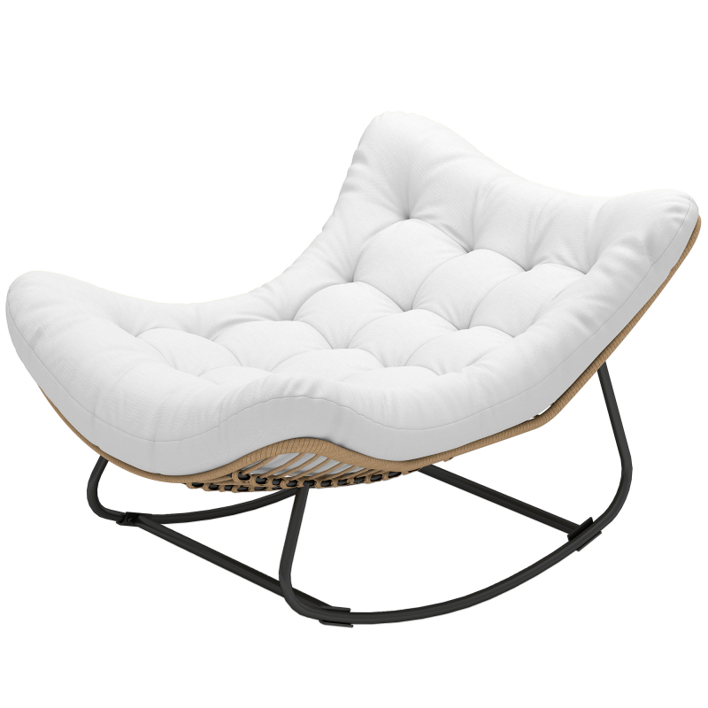 Outsunny Garten Schaukelstuhl, Eiform Polyrattan Schaukelstuhl, Schaukelstuhl mit gepolstertem Kissen für Garten, Schlafzimmer, Wohnzimmer, Creme Aosom – Bild 1 von 2