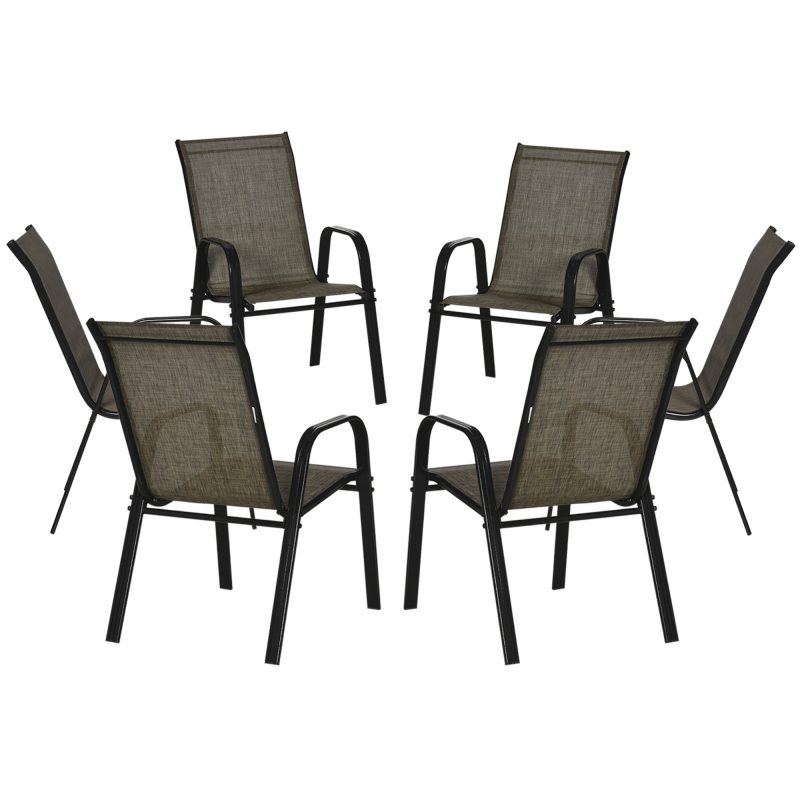 Outsunny Set 6 Gartenstühle Stapelbare platzsparende Outdoor-Stühle mit Metallarmlehnen und Atmungsaktivem Netzgewebe, Braun Aosom – Bild 1 von 2