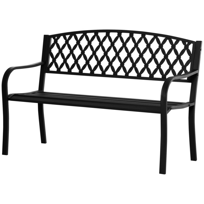 Outsunny Gartenbank im Freien für 2 Personen mit Armlehnen aus Stahl und Gusseisen, Gartenbank mit dekoriertem Rückenlehne, Schwarz Aosom – Bild 1 von 2