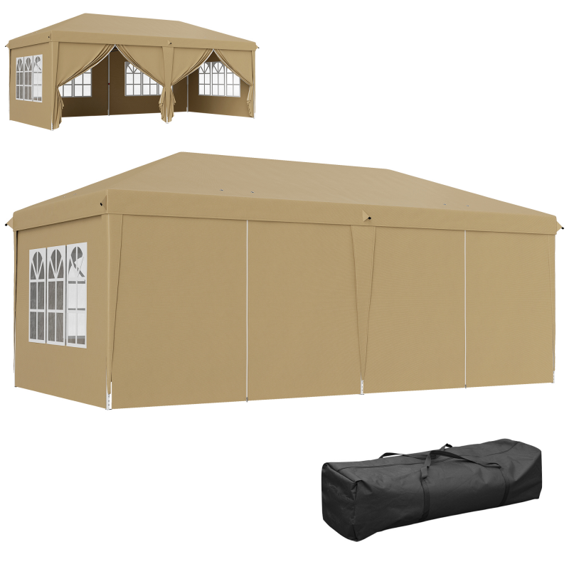Outsunny Faltbarer Gartenpavillon 6 x 3 m Outdoor-Pavillon mit Popup-Barnum, wasserdicht, 4 abnehmbare Seitenwände, 4 Fenster + Transporttasche in Khaki Aosom – Bild 1 von 2