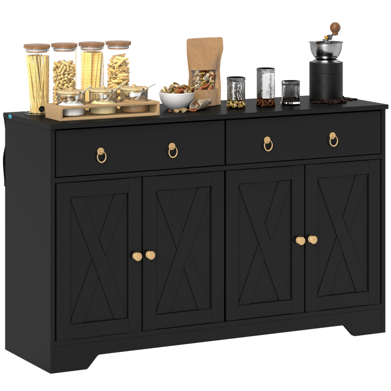 HOMCOM Buffet Möbel Aufbewahrungsschrank Küchenmöbel Landhausstil 2 Schubladen und 2 Schränke mit höhenverstellbaren Regalen - Maße 121L x 37B x 75H cm Schwarz Aosom – Bild 1 von 2