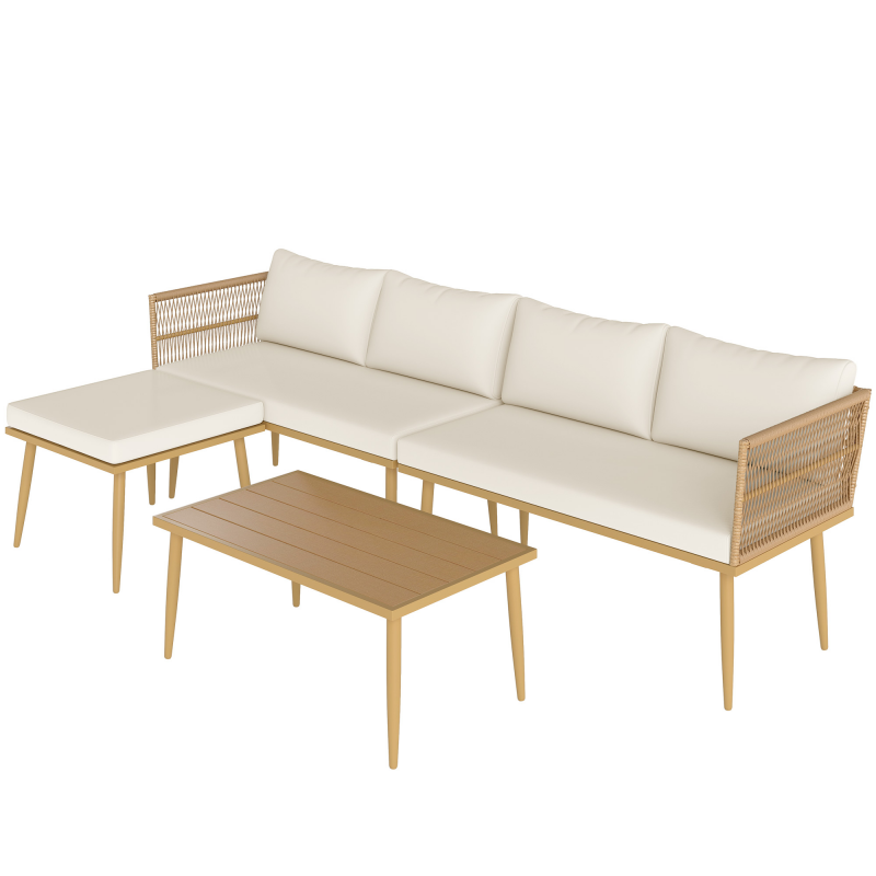 Outsunny Gartenmöbel-Set im Freien aus wetterfestem Kunststoffgeflecht für 5 Personen mit 2 Zweisitzer-Sofas, Hocker und Couchtisch, abnehmbare Kissen inklusive, Gartenmöbel für Balkon Terrasse Veranda, Creme Aosom – Bild 1 von 2