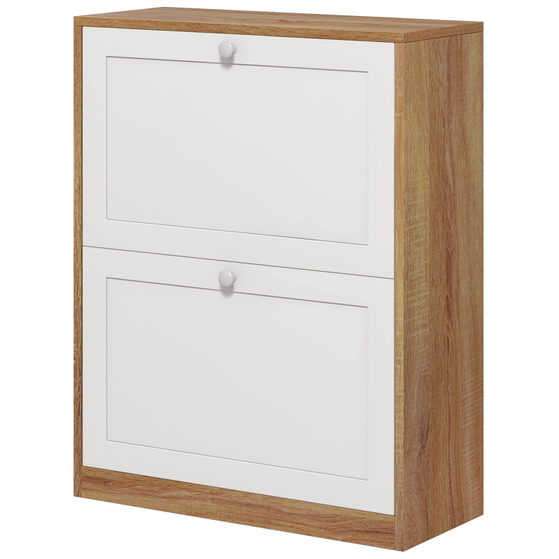 HOMCOM Schuhschrank Slim mit 3 Verstellbaren Regalen auf 2 Ebenen oder Entfernbar für 12 Paare, Schuhschrank aus Spanplatte und MDF Platzsparend, 60x24.5x75.5 cm, Weiß und Eiche Aosom – Bild 1 von 2