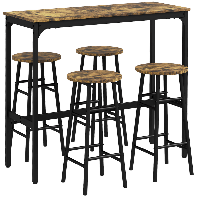 HOMCOM Set Rechteckiger Tisch für 4 Personen und Stühle, 4 Hocker mit Fußstützen aus MDF und Stahl, Fußstützen Ø30x60 cm und Rechteckiger Tisch 105x40x90 cm, Schwarz und Braun Aosom – Bild 1 von 2