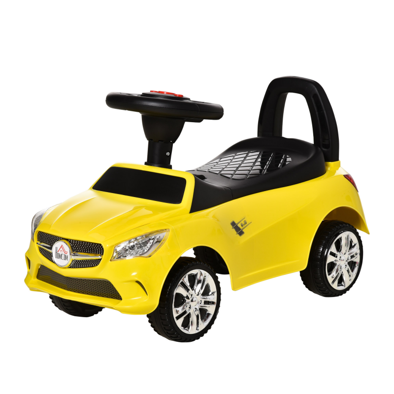 HOMCOM Kinderfahrzeug Rutschauto mit Lenkrad, Scheinwerfern und integrierter Musik, Kinderfahrzeug aus PP und Metall, 63,5x28x36 cm, Gelb Aosom – Bild 1 von 2