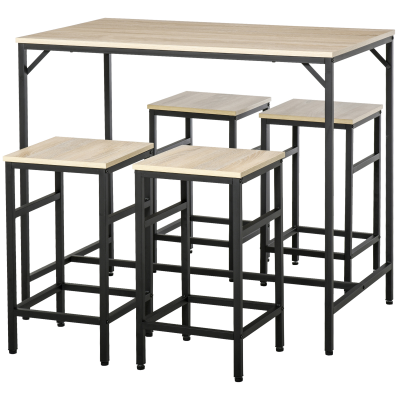 HOMCOM Hoch Tisch Set, Moderner Küchentisch mit 4 Barhockern im Industrial Stil, Metall und Holz, Modernes Möbel, Wohnzimmer und Küche, 100Lx60Px88Hcm, Hell Eiche Aosom – Bild 1 von 2