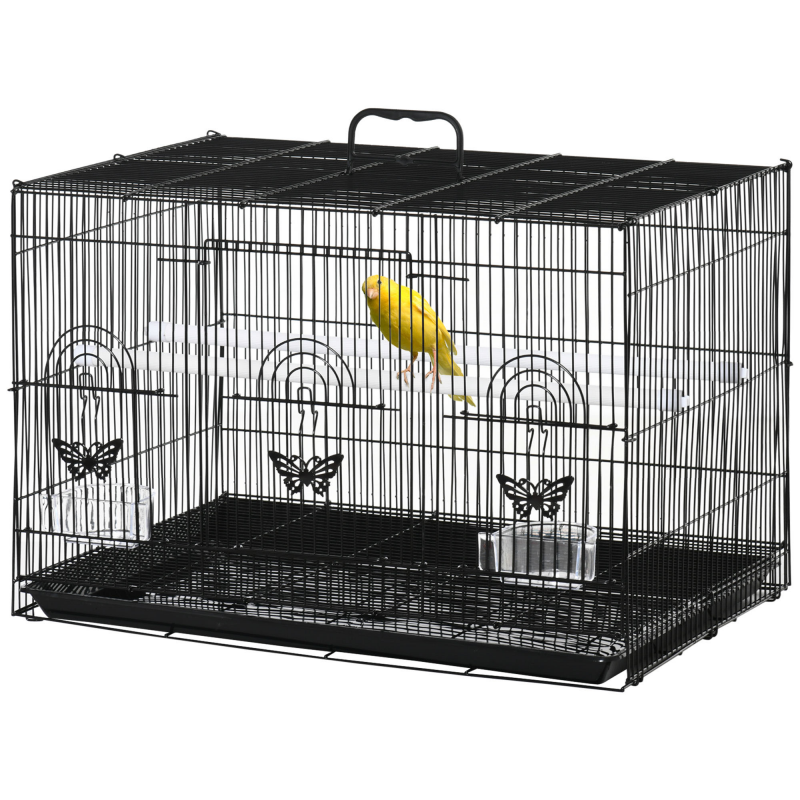 PawHut Vogelkäfig mit 2 Sitzstangen und 3 Eingängen, Voliere für Vögel mit Tablett und 2 Futternäpfen, aus Draht und Kunststoff, 60x41x41 cm, Schwarz Aosom – Bild 1 von 2