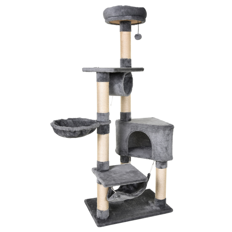 PawHut Kratzbaum für Katzen mit Höhle, Hängematte, schwebenden Betten und Sisal-Kratzpfosten, Grau, 60x40x154cm Aosom – Bild 1 von 2