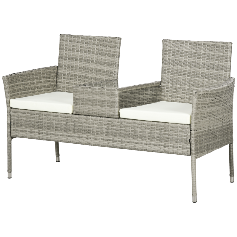 Outsunny Gartenbank für 2 Personen mit zentralem Kaffeetisch, Gartensofa aus Stahl, PE-Rattan und Polyester, 137x59x82 cm, Grau und Creme Aosom – Bild 1 von 2