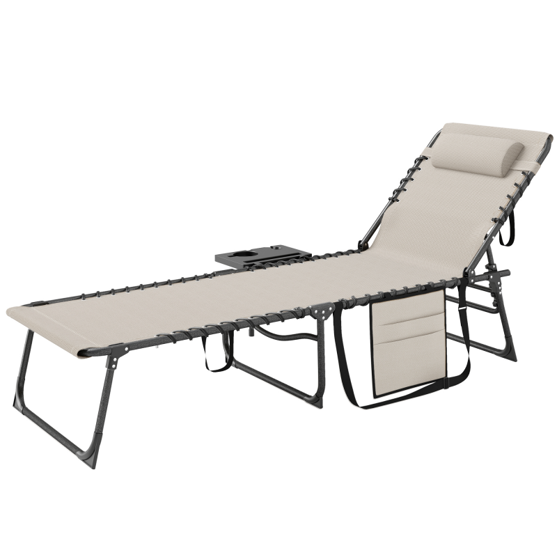 Outsunny Gartenliegestuhl Faltbar und in 5 Positionen verstellbar, Gartenliege mit Seitentisch, Tasche und Griffen, aus Stahl, PP und Oxford-Gewebe, 60x190x31 cm, Cremeweiß Aosom – Bild 1 von 2