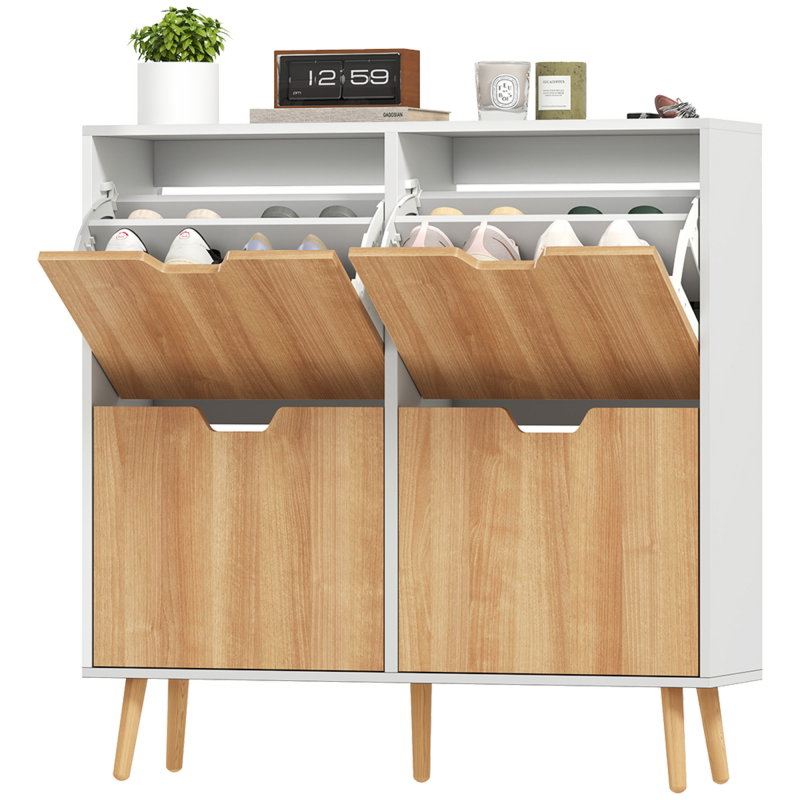 HOMCOM Schuhschrank mit 4 Klappen, Schuhaufbewahrung für 16 Paar Schuhe, mit höhenverstellbarem Regal, Kieferholzfüßen, großer Kapazität für Flur, Eingang, 95 x 26 x 95 cm, Weiß Aosom – Bild 1 von 2