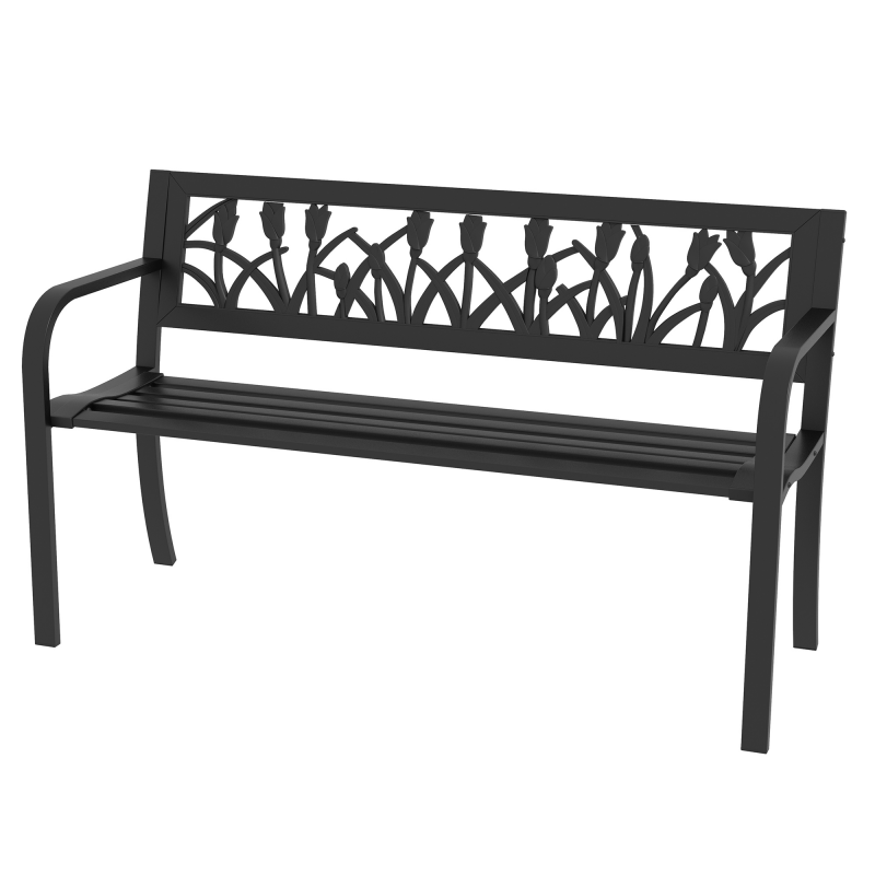 Outsunny Gartenbank aus Stahl, 2-Sitzer Gartenbank mit verziertem Rücken- und Armlehnen, 125x50x75cm, Schwarz Aosom – Bild 1 von 2
