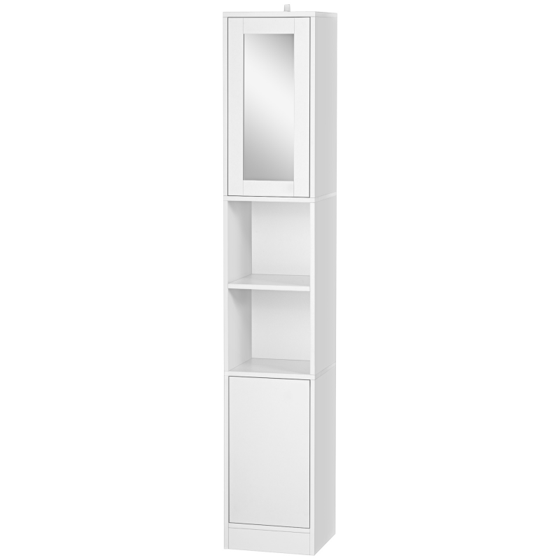 Kleankin Badezimmerschrank Platzsparend mit Spiegel und Druckverschluss, Mehrzweck-Badezimmerschrank aus Holz, 30x28x170cm, Weiß Aosom – Bild 1 von 2