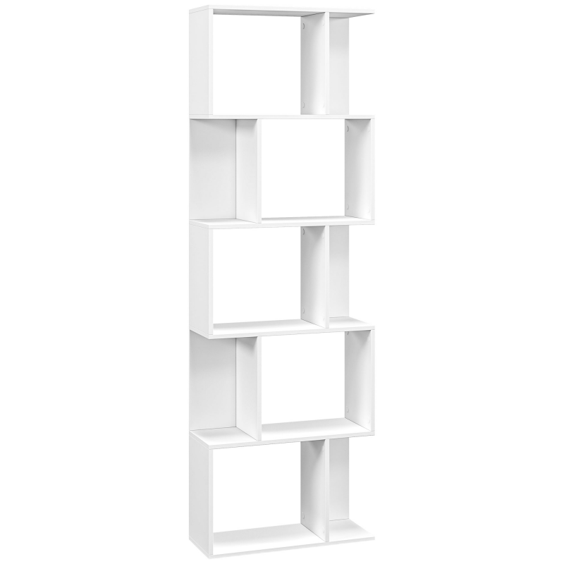 HOMCOM Regal Standregal mit 5 Unterteilten Regalen, Platzsparendes S-förmiges Holzregal, Raumteilerregal für Wohnzimmer, Schlafzimmer und Büro, 60x24x184,5 cm, Weiß Aosom – Bild 1 von 2