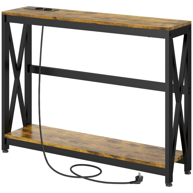 HOMCOM Konsolentisch mit Mehrfachsteckdose, Sofatisch mit 2 Regalen, schmale Eingangskonsole für Wohnzimmer, Schlafzimmer, Flur, 100 x 24 x 75 cm, industrieller Stil, rustikal braun und schwarz Aosom – Bild 1 von 2