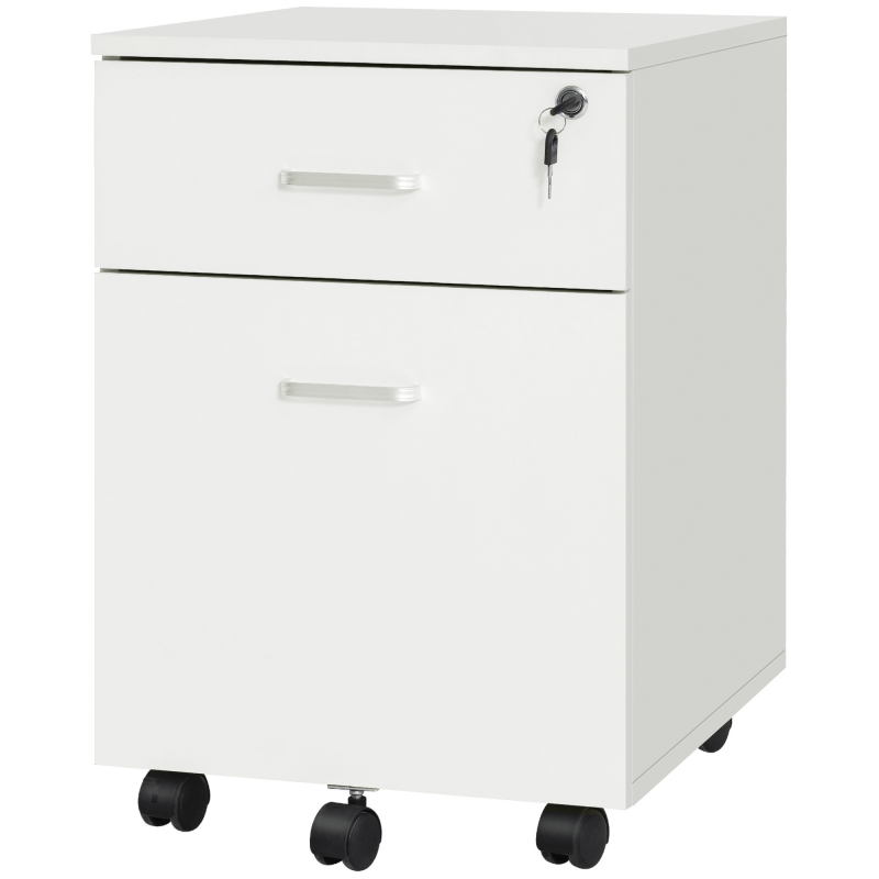 Vinsetto Büroschublade mit 2 Schubladen und 5 Rollen, Büroschrank aus Spanplatte mit Schloss, 40x49x58 cm, Weiß Aosom – Bild 1 von 2