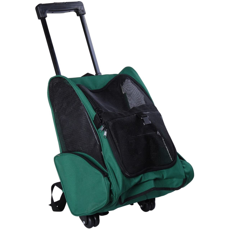 PawHut Transportrucksack 2-in-1 für Hunde und Katzen mit Seitentaschen, Teleskopgriff und Rädern, 42x25x55cm, Grün Aosom – Bild 1 von 2