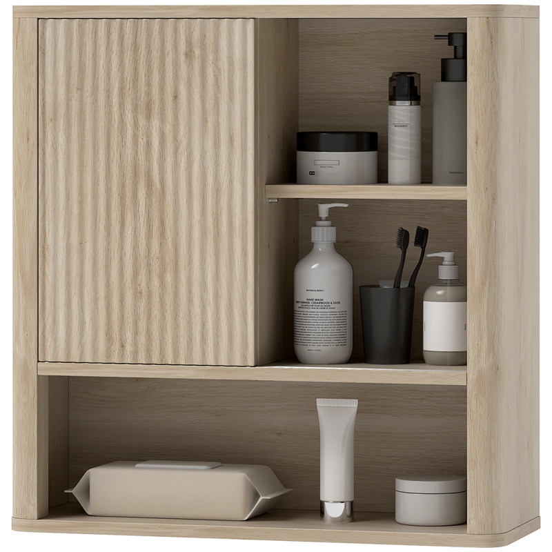 HOMCOM Badezimmerschrank, Wandhängender Badezimmerschrank mit verstellbaren Regalen, Schiebetür und offenen Regalen, Badezimmermöbel, schwebender Aufbewahrungsschrank, 60 x 20 x 62 cm, natürliche Holzoberfläche Aosom – Bild 1 von 2