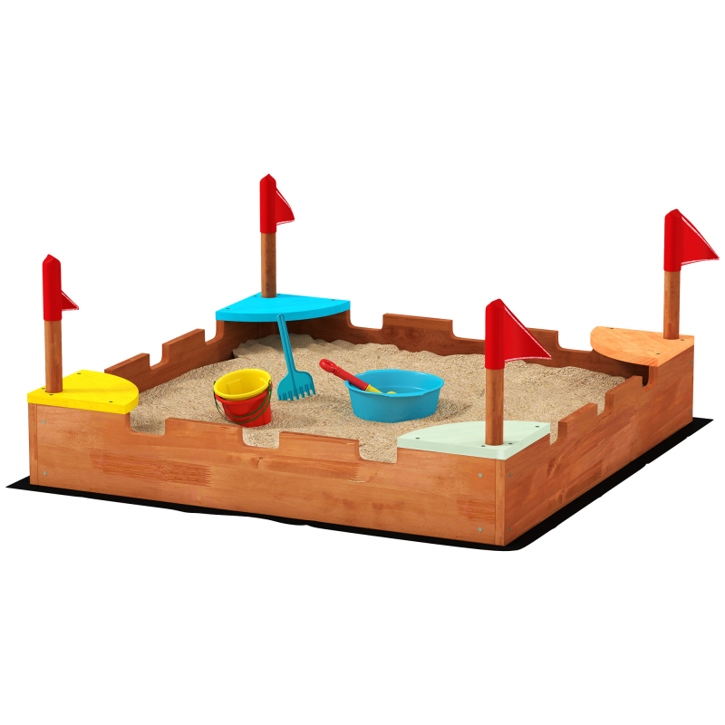 AIYAPLAY Sandkasten für Kinder 3-7 Jahre in Form eines Schlosses mit 4 Sitzen mit Fahnen, Kindersandkasten aus Fichtenholz, 90x90x17 cm, Mehrfarbig Aosom – Bild 1 von 2