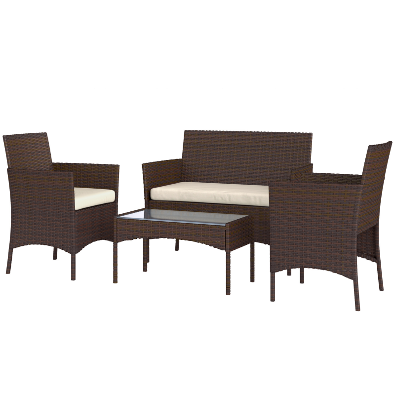 Outsunny 4-teiliges Gartenmöbel-Set aus Rattan, Outdoor-Sofa mit 2 Sitzen, 2 Sessel, Kaffeetisch mit Glasplatte und Waschbaren Kissen, Stahlrahmen, Beige und Braun Aosom – Bild 1 von 2