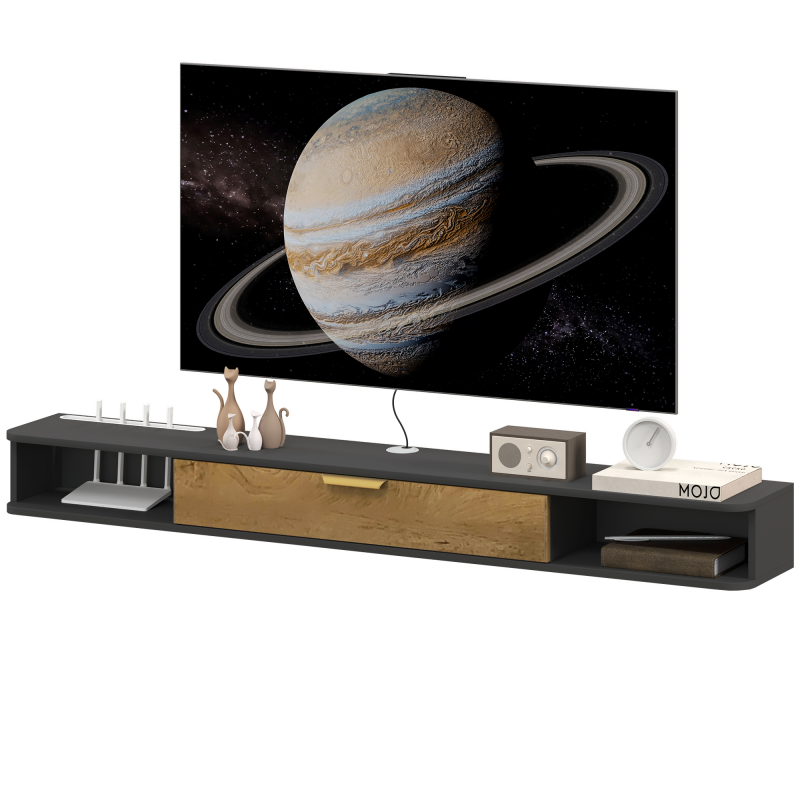 HOMCOM Wand-TV-Möbel schwebendes TV-Möbel aus Holz, TV-Bank mit offenen Fächern, klappbarer Tür und Kabeldurchlässen, für Wohnzimmer Schlafzimmer, 160 x 24 x 16 cm, grau Aosom – Bild 1 von 2
