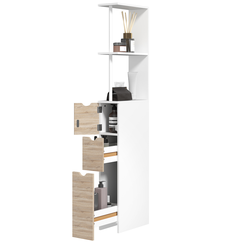HOMCOM Badezimmerschrank, platzsparendes Holz Badezimmermöbel, Schrank mit Regalen und Schubladen, 15x33x136 cm, Farbe Holz Aosom – Bild 1 von 2