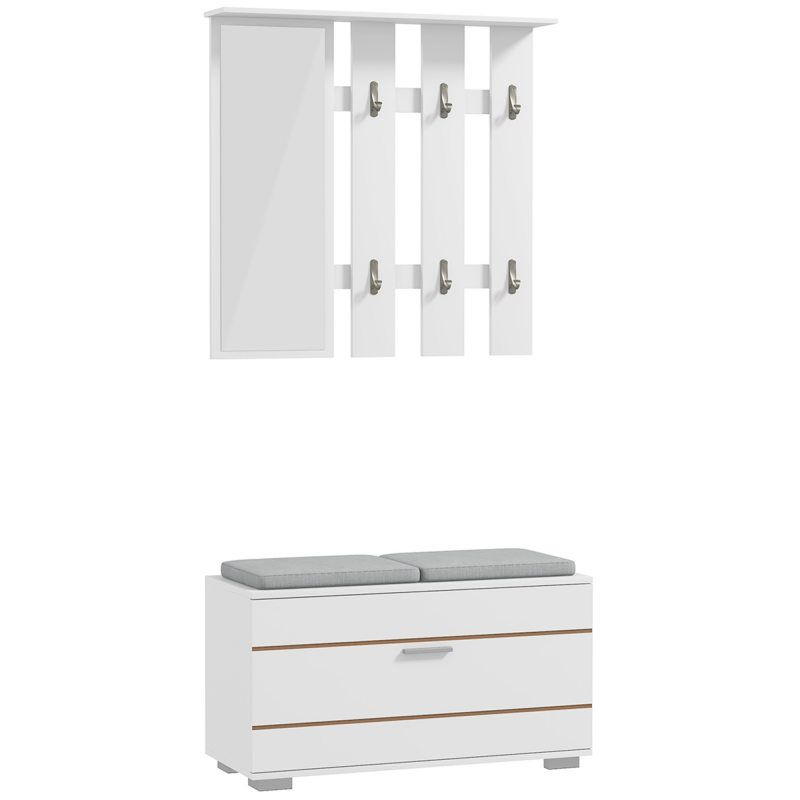 HOMCOM Set 4 in 1 Möbel für den Eingangsbereich mit Garderobe, Spiegel, Bank mit Kissen und Schuhschrank für 8 Paar Schuhe, Weiß Aosom – Bild 1 von 2