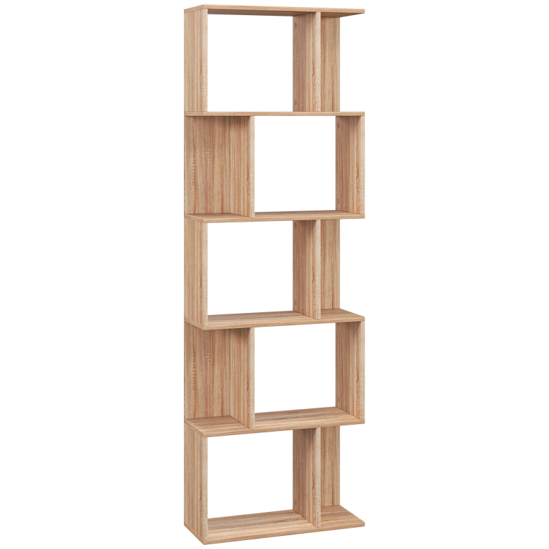 HOMCOM Bücherregal mit 5 geteilten Regalen, platzsparendes Holzregal in S-Form, Raumteilerregal für Wohnzimmer, Schlafzimmer und Büro, 60x24x184,5 cm, Holzfarbe Aosom – Bild 1 von 2