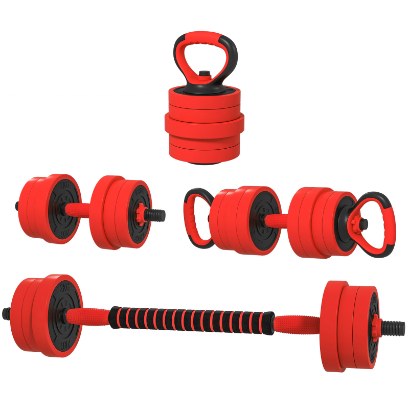 SPORTNOW Set Hantel Gewichte 4 in 1 von 20kg Gesamtgewicht aus Kunststoff und Sand, Verstellbare Hanteln als Kettlebell nutzbar, 2 Hanteln, Langhantel und Liegestützgriff, Rot Aosom – Bild 1 von 2