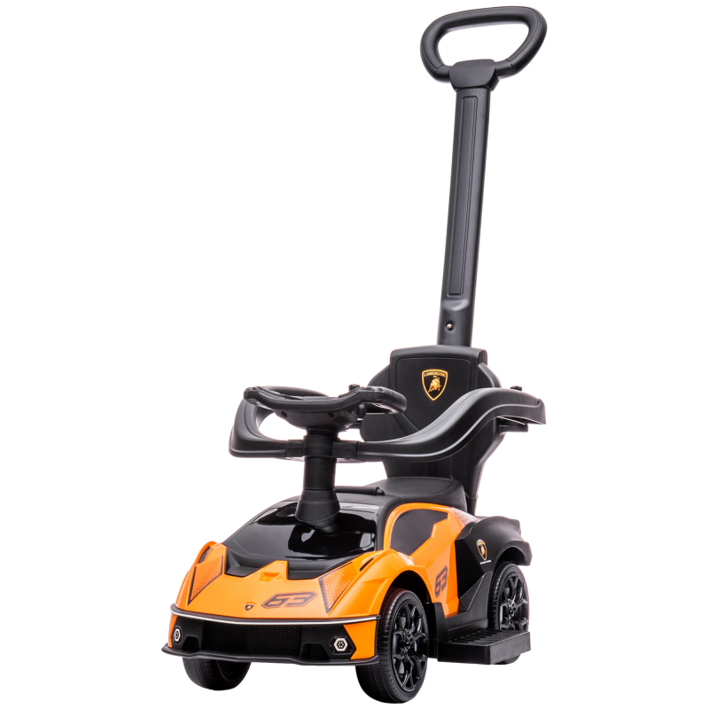 AIYAPLAY Lamborghini Kinderfahrzeug 2 in 1 mit Schiebegriff und Sicherheitsgitter, Lenkrad und Hupe, Kinderauto aus PP und Metall, 86,5x40x89,5 cm, Orange und Schwarz Aosom – Bild 1 von 2