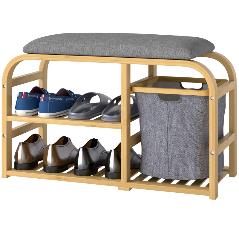 HOMCOM Schuhablagebank mit gepolsterter Sitzbank, Schuhschrank mit Latten-Design und herausnehmbarem Korb, 70x30x45 cm, Farbe Holz Aosom – Bild 1 von 2