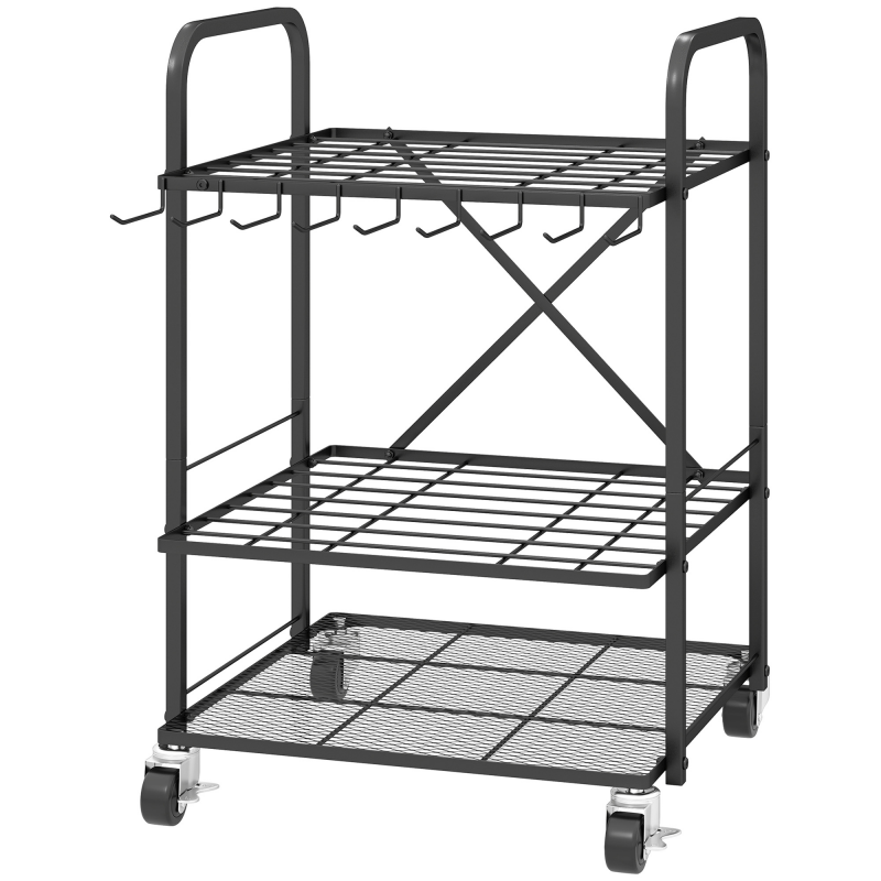 Outsunny Gartenwerkzeug-Organizer mit 9 Haken, Gartenwerkzeugträger 40 Fächer, Metall-Garagenwerkzeugträger auf Rädern für Astscheren, Schaufeln, Rechen, Schwarz Aosom – Bild 1 von 2